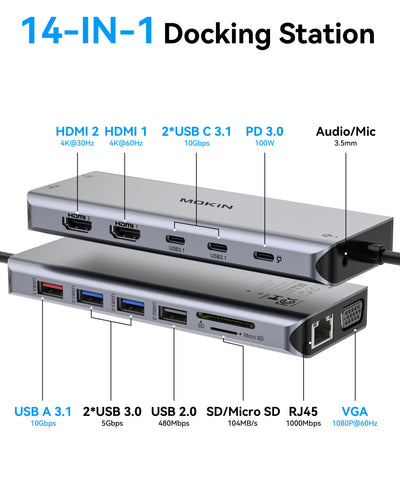 USB C Hub 4K 60Hz HDMI DisplayPort Ethernet PD 100W - Smarsty