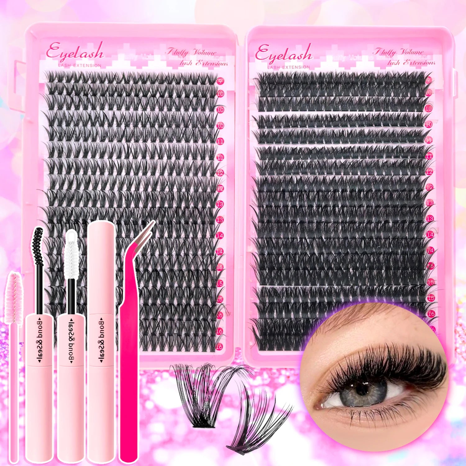 720/200pcs eyelash Extension Kit Fluffy Eyelash Extension kit with Lash Bond and Seal Lash Tweezers Thick Lash Clusters Wispy - Smarsty