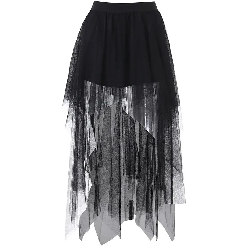 Sexy Net Yarn High-Waisted Irregular Skirt for Women Summer New European and American Gothic Style Versatile Casual Skirts - Smarsty