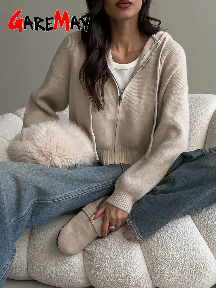 Autumn Knitted Women's Short Cardigan with Zipper Gray Winter Sweater Casual Cute Vintage White Cardigan for Women with Hood - Smarsty