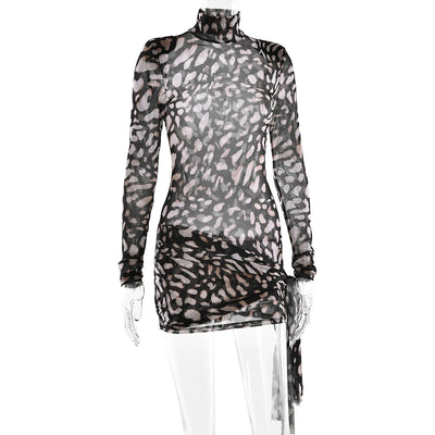 Fantoye Turtleneck Sexy Sheer Print Leopard Bandage Women Dress Long Sleeve Mini Dress Lady Spring Slim Elegant Party Club Dress - Smarsty