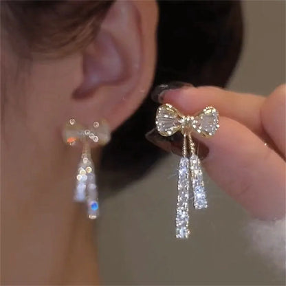 Trendy Zircon Bow Earrings with Crystal Tassel for Women - Smarsty
