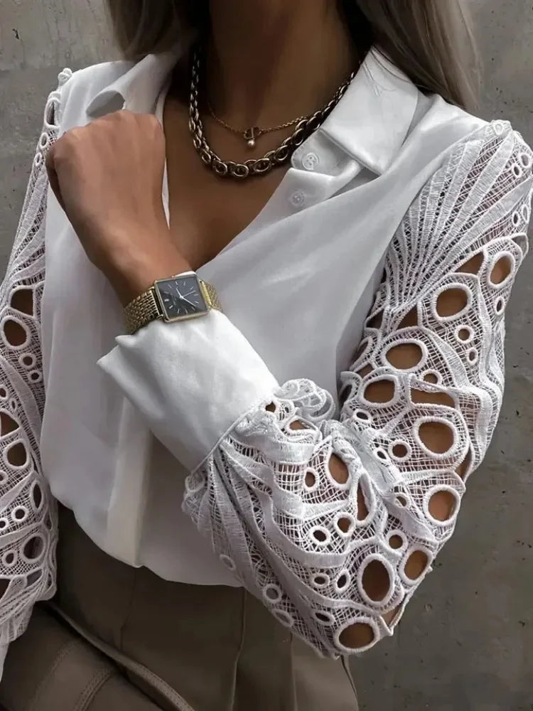 Women's Blouse White blank Elegant V-neck Lace Sleeve Cut-out Patchwork Office Commuter Black Shirt For Female - Smarsty