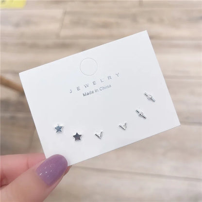 4 Pair Silver Heart Stud Earrings Set Cute Gift Everyday - Smarsty