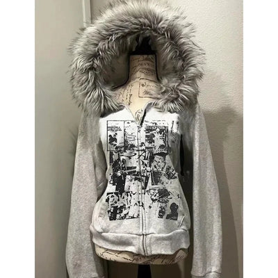 Vintage Sweatshirts 2025 Women's Clothes White Print Tunic Hooded Y2k Coat Streetwear Fashion Casual Hoodies Tops Ropa Mujer - Smarsty