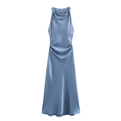 TRAF Satin Long Dresses for Women 2024 Summer Slip Midi Dress Woman Sexy Evening Party Dress Sleeveless Female Elegant Dresses - Smarsty