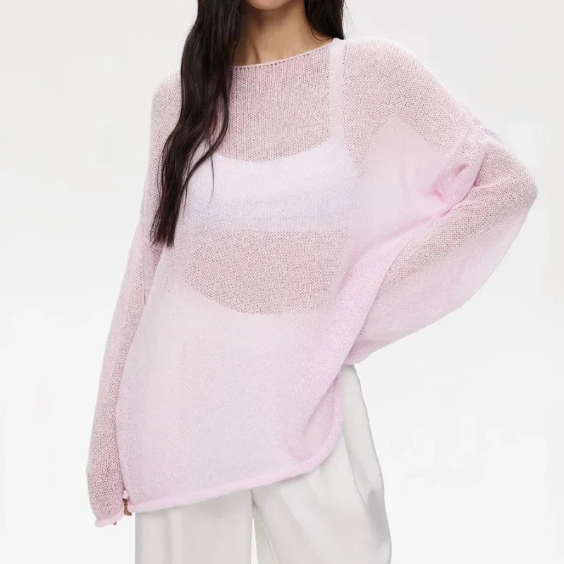 Elegant Sweater Women 2024 Summer Autumn Casual Fashion Loose Women Pullovers Chic Pink White Jumper Sueter Mujer - Smarsty