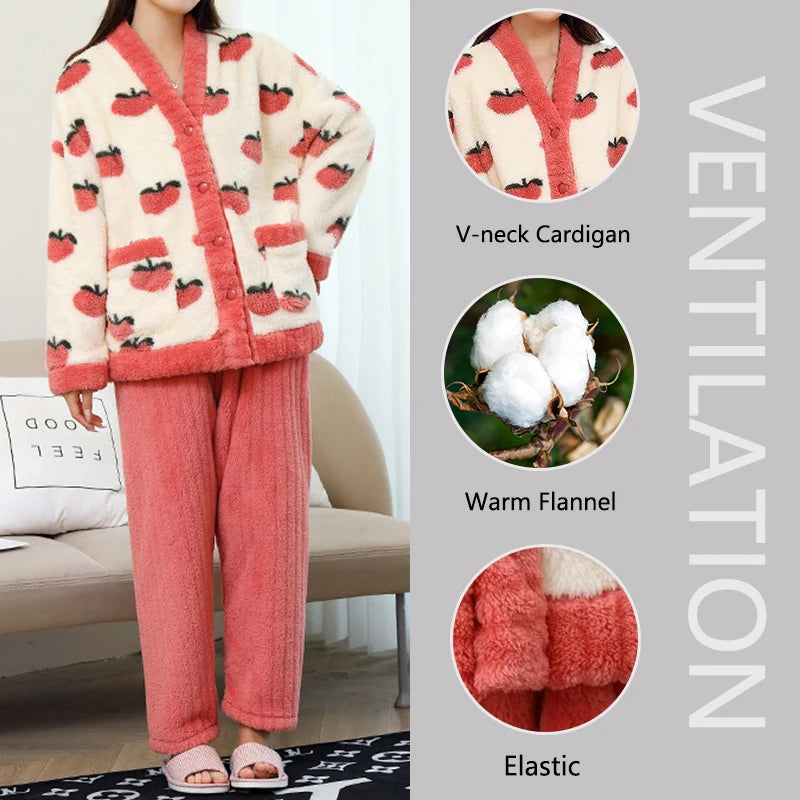 Padded and Thickened Warm Flannel Women Pajamas Loungewear Winter Peach Sleepwear Homewear Coral Velvet Two-Piece Set Nightwear - Smarsty