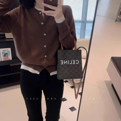 Fake two 100% pure cashmere sweater cardigan dark grey high-grade wool knit coat top - Smarsty