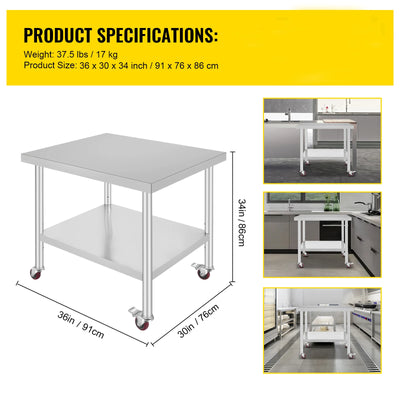 SucceBuy Stainless Steel Kitchen Worktable shelves Commercial Work Bench Table with Caster Wheels for Home Restaurant Storage - Smarsty