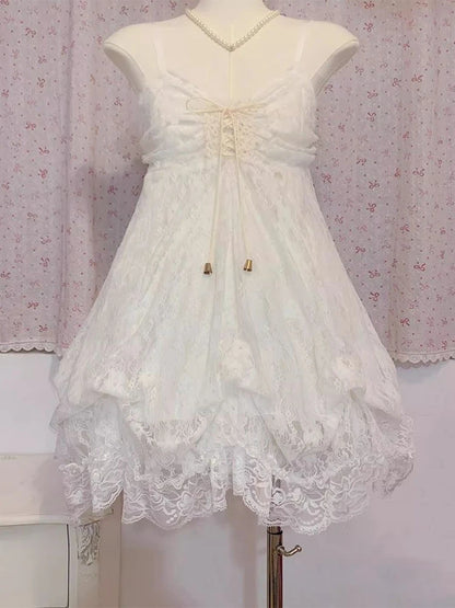2000s Gothic Vintage Mini Dress Women Sleeveless Strap Party Dress Evening Lace Retro Cltohing Japanese Y2k Black Chic Lolita - Smarsty