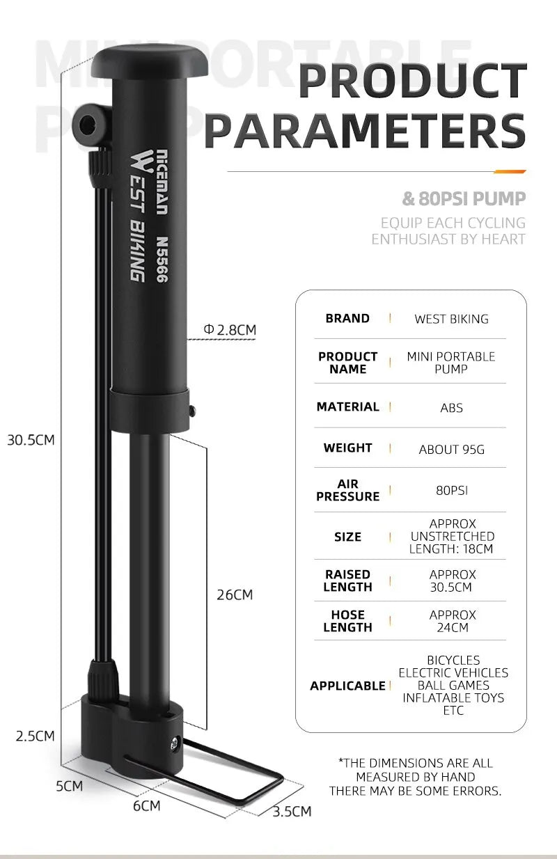 WEST BIKING MTB Bicycle Pump 80 PSI Bike Manual Air Pump Balloon Tire Inflator Schrader Valve Floor Pump Cycling Accesories - Smarsty
