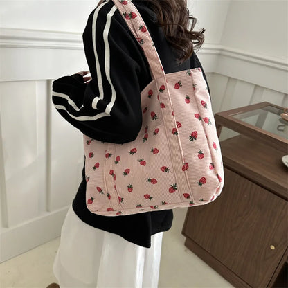 Corduroy Handbag Strawberries Beach Tote Large Capacity - Smarsty