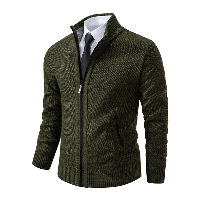 Autumn And Winter New Jersey Men's Casual Sports Coat Solid Color Stand Collar Wweater Grab Fleece Warm Zipper Cardigan - Smarsty