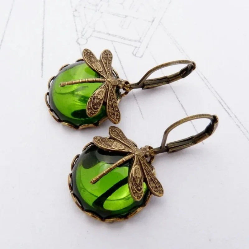 Vintage Dragonfly Drop Earrings with Moonstone Inlaid Design - Smarsty