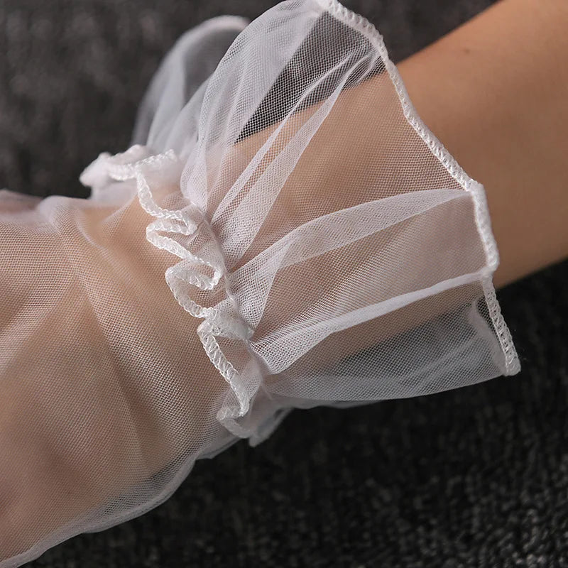 Women Lace Tulle Gloves Stretchy Full Finger Wedding Gloves - Smarsty