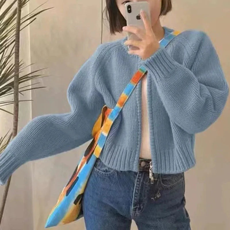 Autumn Winter Short Knitting Cardigan Women Solid Color Long Sleeve Round Neck Sweater Jacket 2025 Casual Zipper Sweater Coats - Smarsty