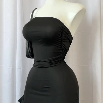 Women Strapless Sexy Floral Fold Hemline High Slit Mini Dress 2024 Solid Backless Sleeveless Black And Pink Party Dress Vestidos - Smarsty