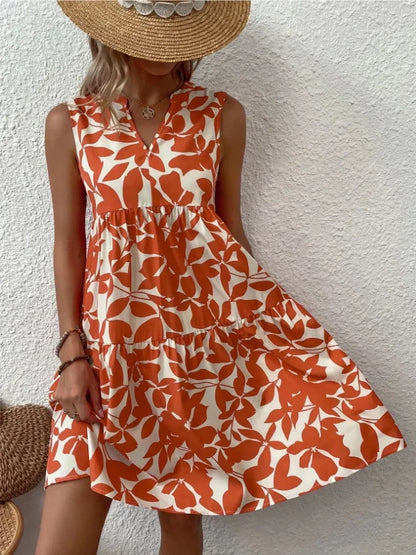 Women Boho Print Mini Dress Summer Elegant Sleeveless V Neck Ruffle A Line Tank Dress Casual Loose Oversize Beach Party Sundress - Smarsty