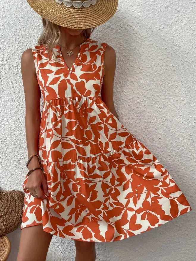 Women Boho Print Mini Dress Summer Elegant Sleeveless V Neck Ruffle A Line Tank Dress Casual Loose Oversize Beach Party Sundress - Smarsty
