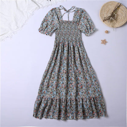 Summer Pleated Women Chiffon Dresses Casual Beach Holiday Short Sleeve Square Collar Woman Midi Dress Bohemian Mujer Vestidos - Smarsty