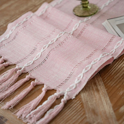 Boho Green Table Runner with Rustic Tassels - Smarsty