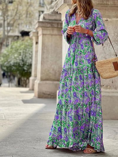 Women's Autumn New Fashionable Printed Sexy V-neck Long Sleeve High Waist Elastic Waist Medium Length Bohemian Dress - Smarsty