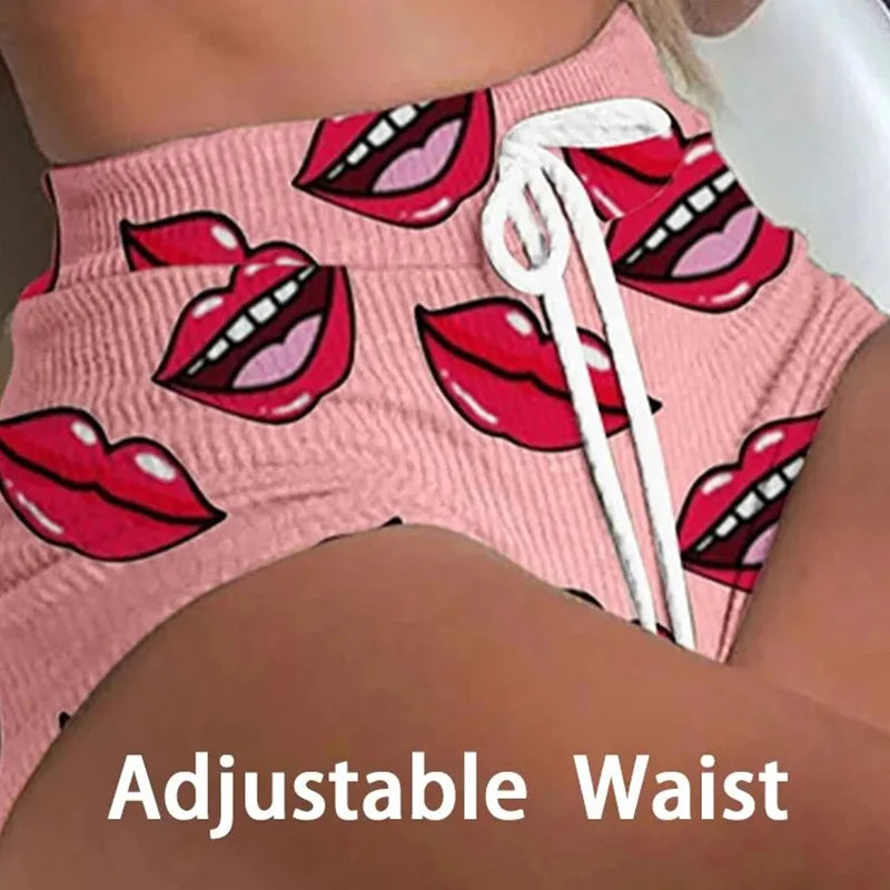 Summer Short Sexy Casual Lips Print Female Sleepwear Suit Pajamas Top+Pants Skinng Women Homewear Underwear - Smarsty