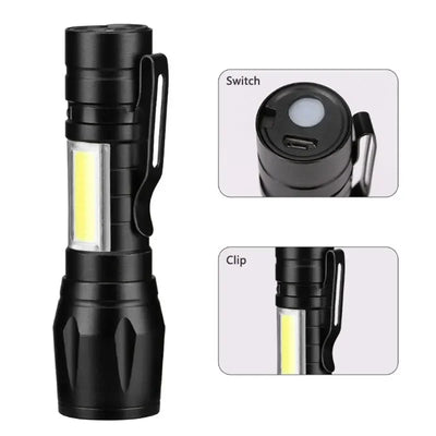 Mini LED Flashlight COB+XPE Portable Torch USB Charging Camping Lantern Zoomable Focus Light Tactical Flashlight with Pen Clip - Smarsty