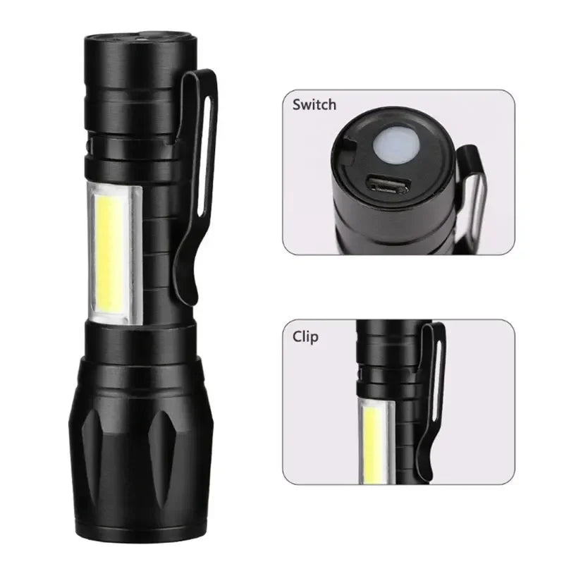 Mini LED Flashlight COB+XPE Portable Torch USB Charging Camping Lantern Zoomable Focus Light Tactical Flashlight with Pen Clip - Smarsty