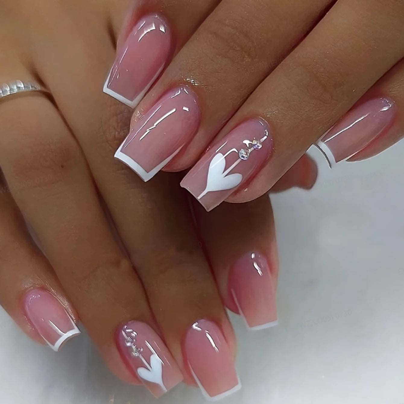 24PCS Pink French Fake Nails for Parties - Smarsty