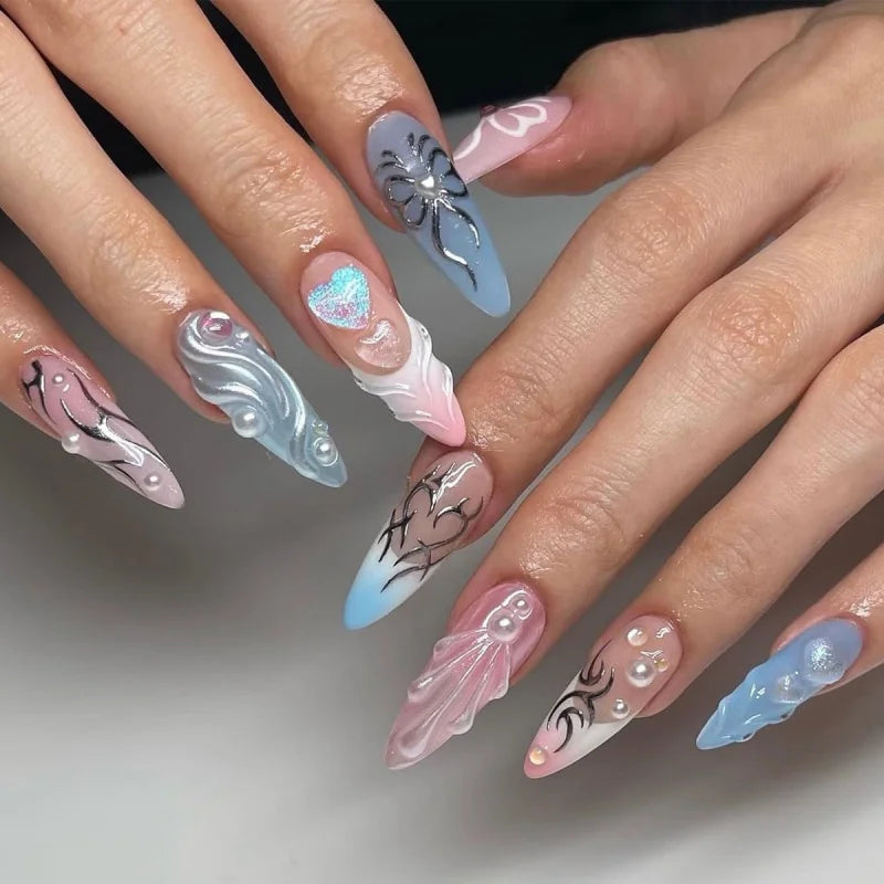 Colorful Press On Almond Nails Set with Pearl Flowers - Smarsty