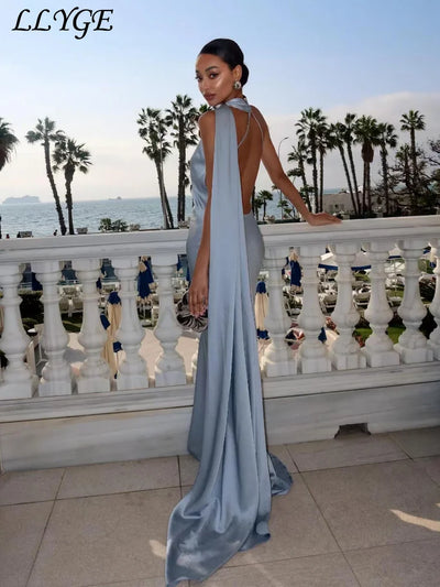Elegant Women's Ribbon Long Satin Party Dress Halter Backless Sleeveless Female Dresses 2025 Summer Lady Solid Evening Gowns - Smarsty