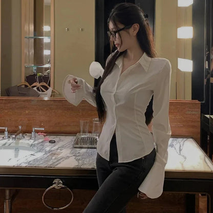 Gidyq Fashion Women Bandage Shirts Korean All Match Streetwear Female Slim Blouse Spring Casual White Bell Sleeve Shirt New - Smarsty