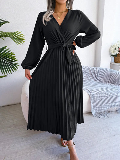 Women Elegant V Neck Long Sleeve Pleated Maxi Dress - Smarsty