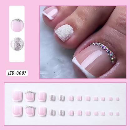 French Flower Fake Toenails Short Square Press On Tips - Smarsty