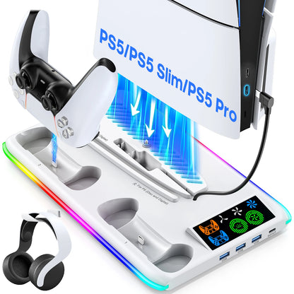 for PS5/PS5 Slim/PS5 Pro Stand with Headphone Hook Cooling Stand & Controller Charging Station for PS5 With 3 Levels Cooling Fan