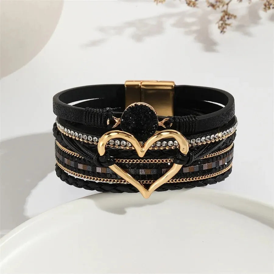 Women Leather Heart Charm Bracelet Rhinestone Wrap - Smarsty