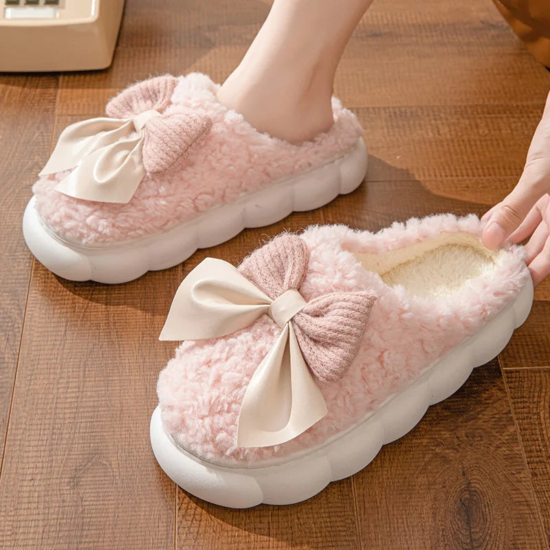 Winter Warm Fur Slippers for Women Cute bow House Non Slip Soft Shoes Comfort Flat Heel Home Indoor Bedroom Plush Slippers - Smarsty