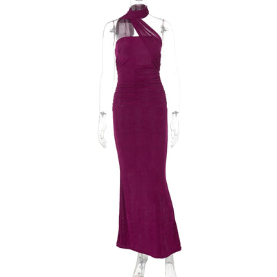 Hugcitar Halter Solid Sleeveless Backless Ruched Sexy Bodycon Maxi Prom Dress Summer Women Elegant Outfit Evening Party Birthday - Smarsty