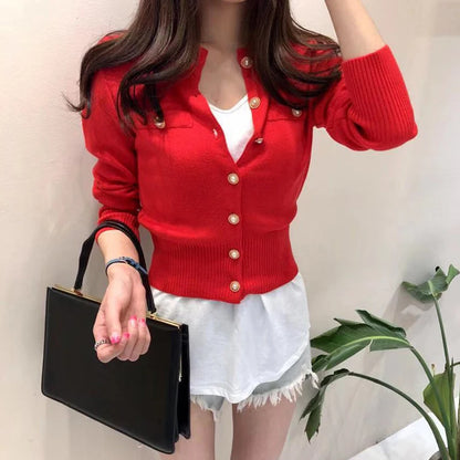 2025 Autumn Long Sleeve Fashion Women Cardigans Sweater Knitted Coat Short Casual Single Breasted Korean Slim Chic Ladies Tops - Smarsty
