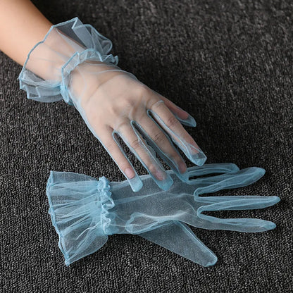 Women Lace Tulle Gloves Stretchy Full Finger Wedding Gloves - Smarsty