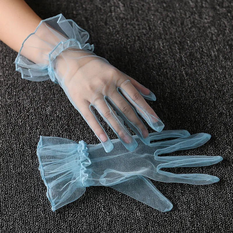 Women Lace Tulle Gloves Stretchy Full Finger Wedding Gloves - Smarsty
