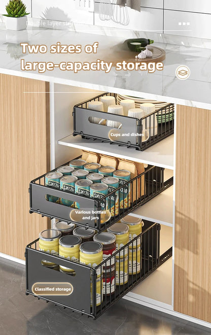 Non Perforated Folding Cabinet with Pull-out Basket Multifunctional Snack Storage Rack Household Kitchen Sink Storage Rack