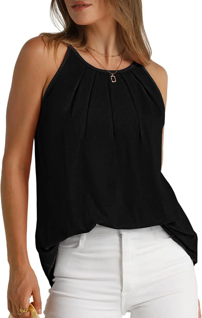 Womens Pleated Tank Tops Spaghetti Strap Camisole Halter Tops Curved Hem Fashion 2024
