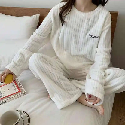 Autumn Women Solid Warm 2 Piece Sets Thicken Velvet Ribbed Fleece Set Pullover And Pants Women Casual Pajama Sets 2024 - Smarsty