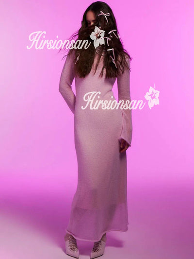 Hirsionsan Spring Autumn O-Neck Elastic Knit Long Dresses Women 2024 Elegant Chic Soft Lady Hollowing Sweater Dresses Femme New - Smarsty