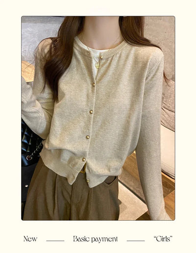 Solid Color Knitted for Women Cardigan Korean Single Breasted Long Sleeve Jumper Woman Round Neck All Match Cardigans Outwear - Smarsty