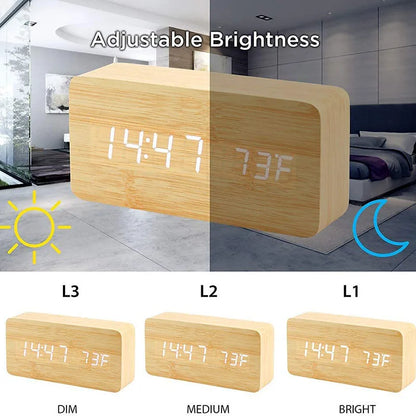 Wooden Digital Alarm Clock with Temperature Display - Smarsty