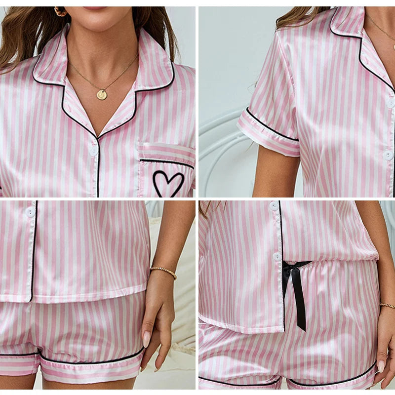 Womens Pajama Set Victoria Style Summer Satin Striped Embroidered Short Sleeve Top Short Pants Two piece Casual Home Clothes Set - Smarsty